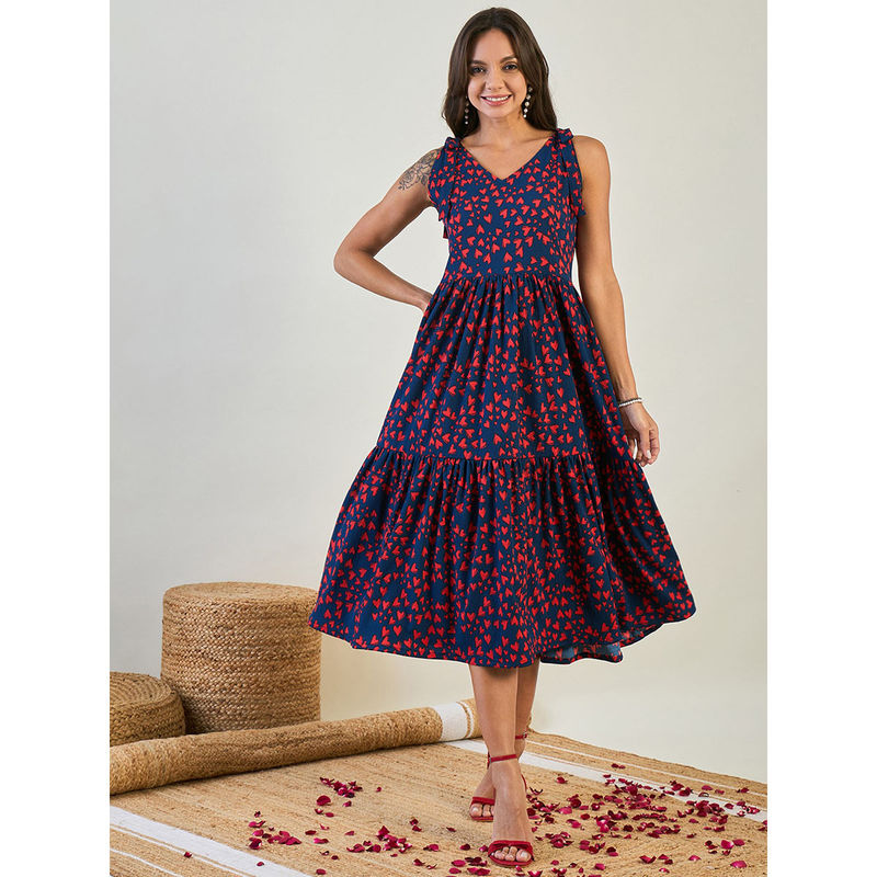 The Kaftan Company Women Navy Blue Printed V-Neck Sleeveless Nightdress (L)