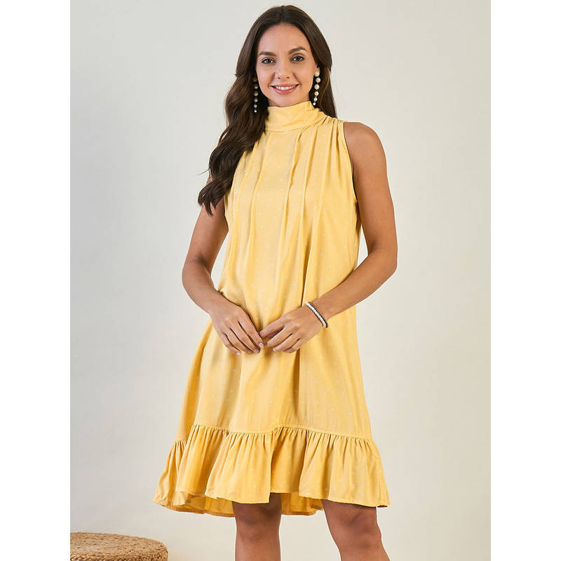 The Kaftan Company Women Yellow Printed High Neck Neck Sleeveless Nightdress (S)