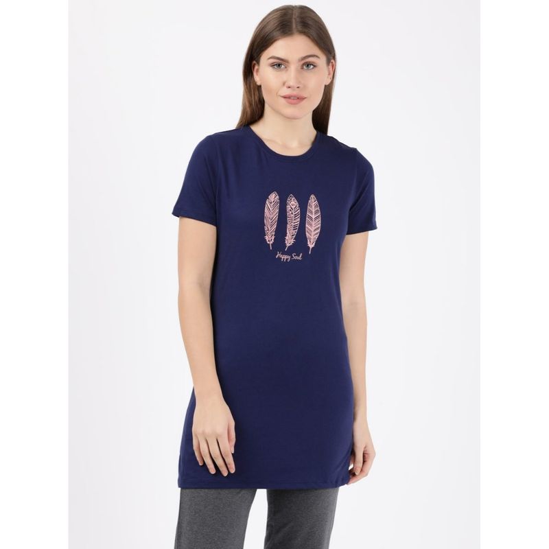 Jockey Ul48 Women's Super Combed Cotton Long Length Printed T-Shirt Blue (M)