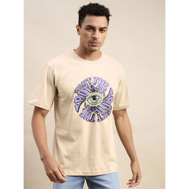 VEIRDO Men's Beige Oversized Graphic Half Sleeves Round Neck T-shirt (2XL)