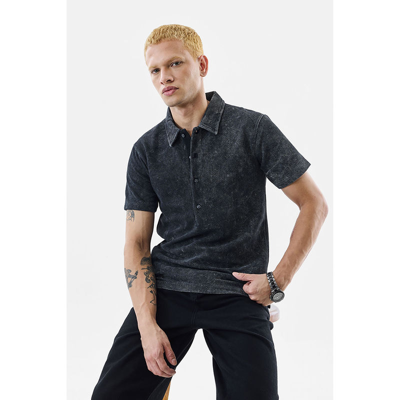 Snitch Black Textured Regular Fit Polo T-Shirt (L)