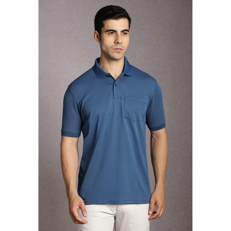 Louis Philippe Blue Printed Regular Fit Polo T-Shirt (M)