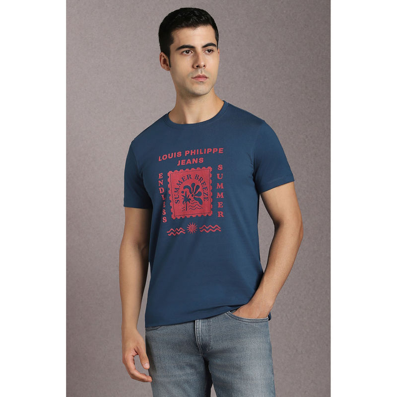 Louis Philippe Blue Printed Slim Fit T-Shirt (M)