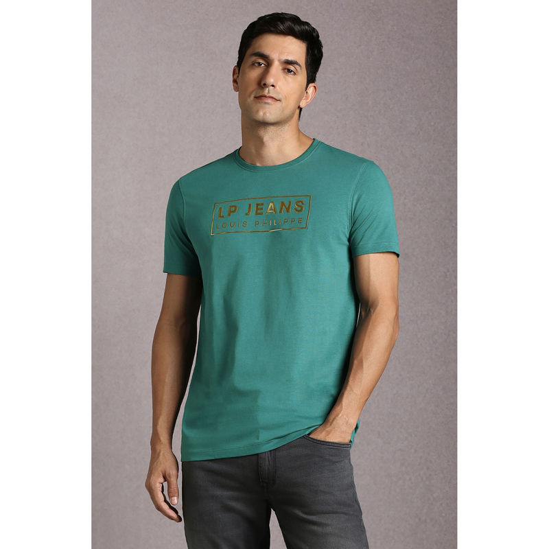 Louis Philippe Green Solid Slim Fit T-Shirt (S)