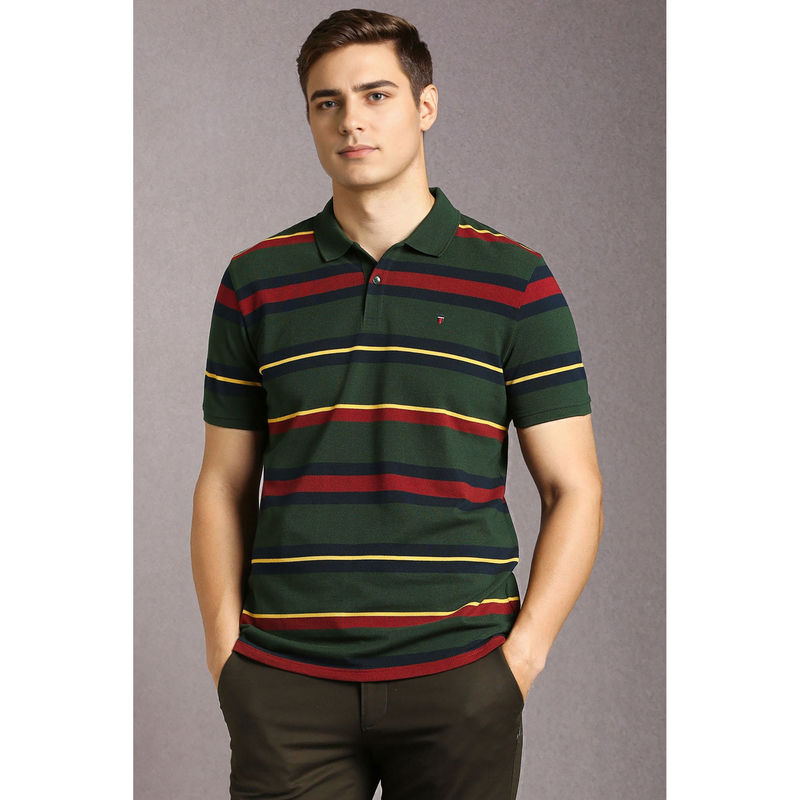Louis Philippe Green Stripes Slim Fit Polo T-Shirt (S)