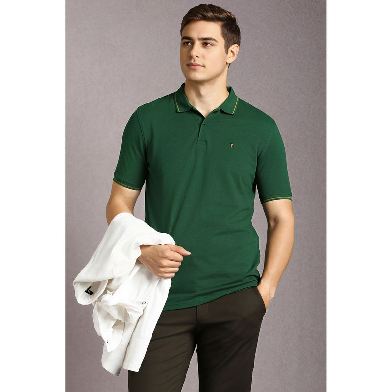 Louis Philippe Green Solid Slim Fit Polo T-Shirt (S)