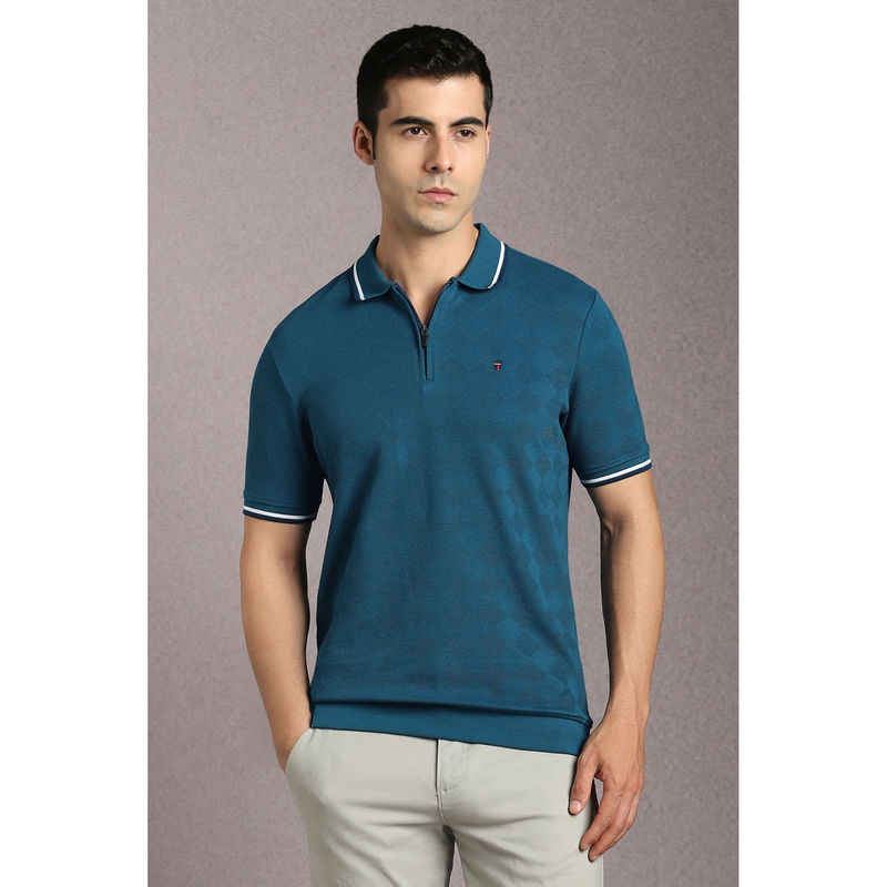 Louis Philippe Blue Textured Slim Fit Polo T-Shirt (XL)