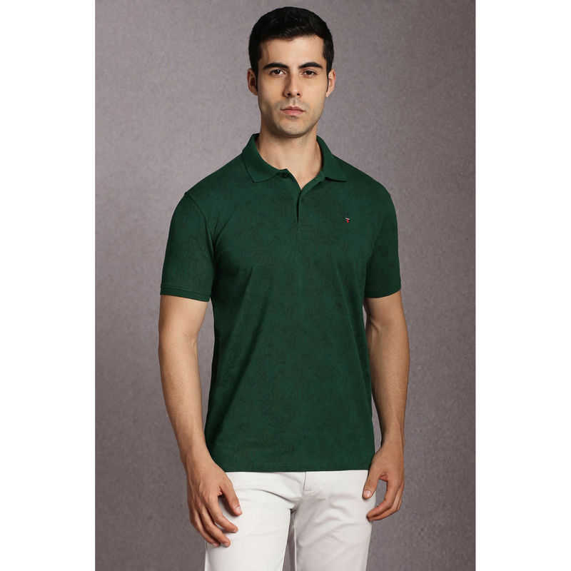 Louis Philippe Green Printed Slim Fit Polo T-Shirt (M)