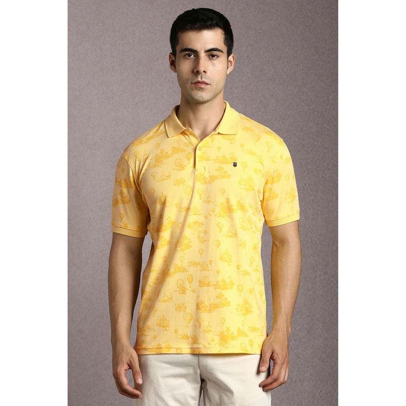 Louis Philippe Yellow Printed Slim Fit Polo T-Shirt (M)