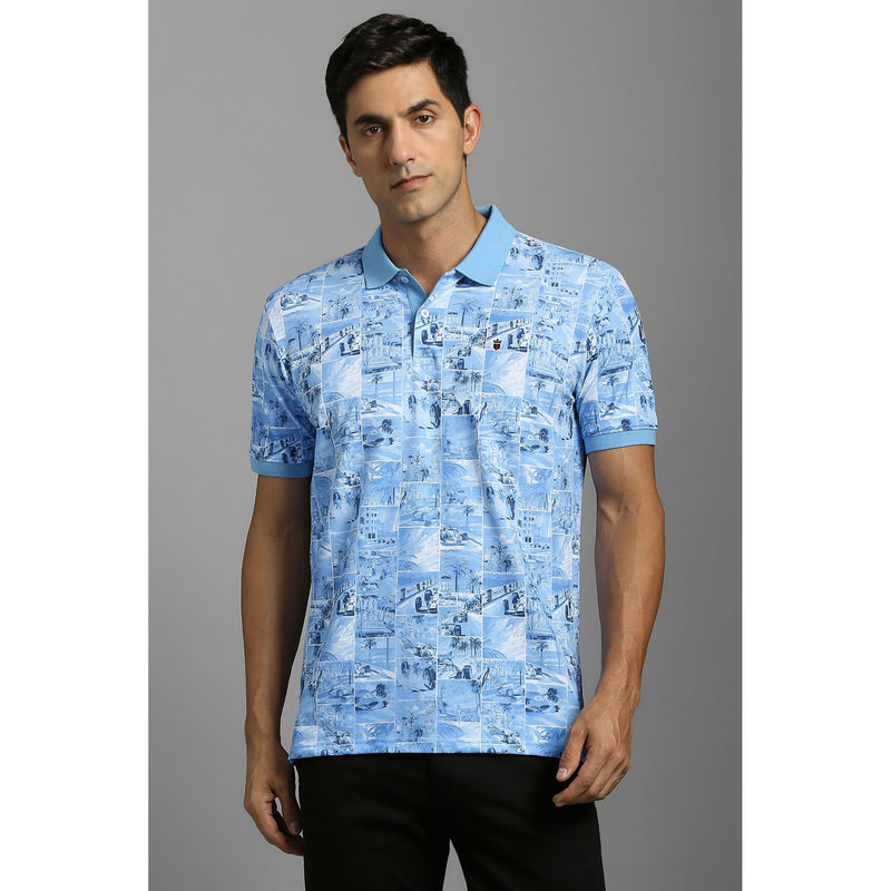 Louis Philippe Blue Printed Slim Fit Polo T-Shirt (S)