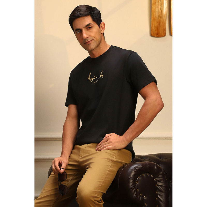 Peter England Black Solid Regular Fit T-Shirt (S)