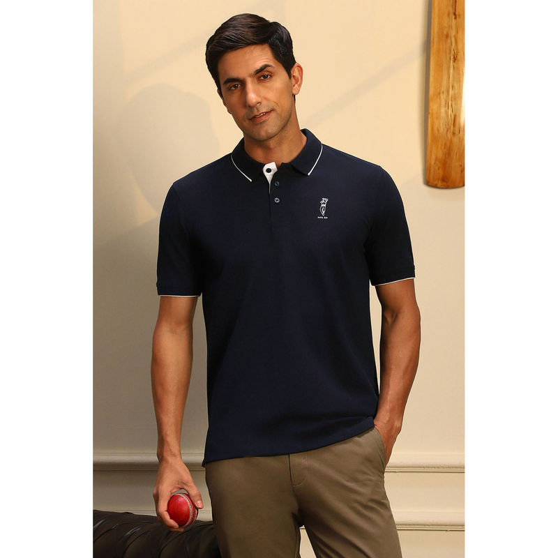 Peter England Navy Blue Printed Regular Fit Polo T-Shirt (S)