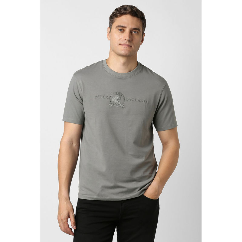 Peter England Grey Embroidered Regular Fit T-Shirt (S)