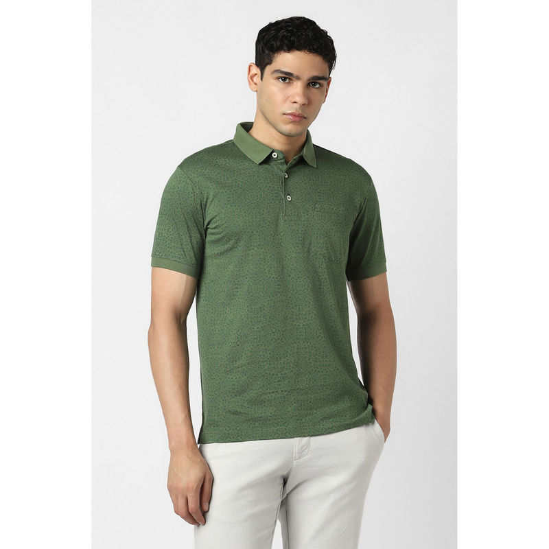 Van Heusen Green Printed Regular Fit Polo T-Shirt (L)