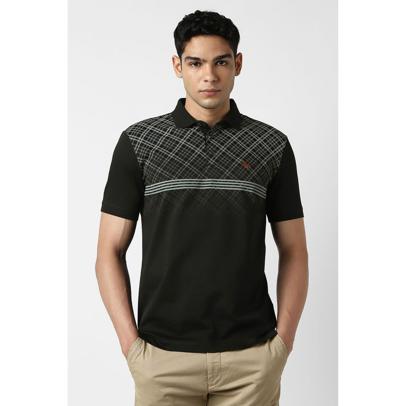 Van Heusen Black Printed Regular Fit Polo T-Shirt (M)