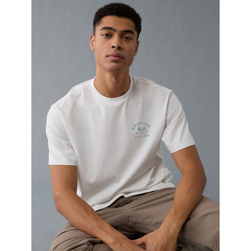 American Eagle White Printed Regular Fit T-Shirt (M)