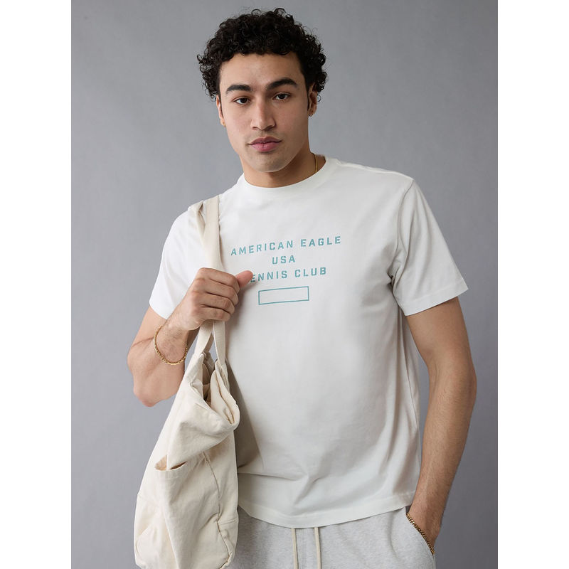 American Eagle White Printed Regular Fit T-Shirt (M)