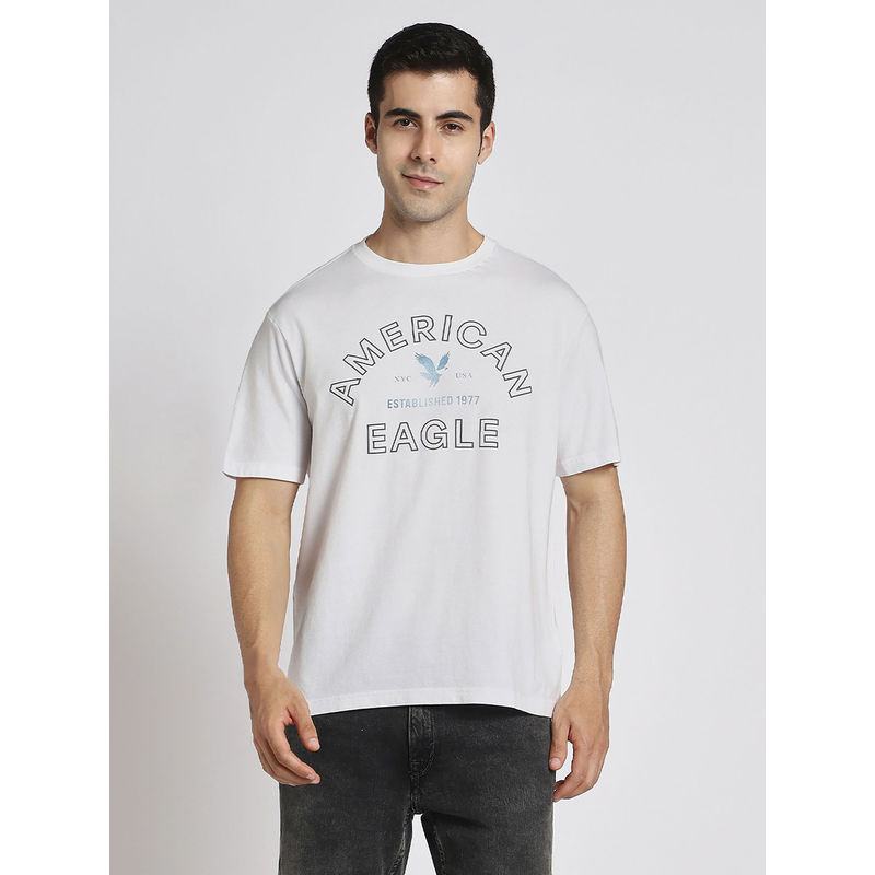 American Eagle White Printed Regular Fit T-Shirt (XS)