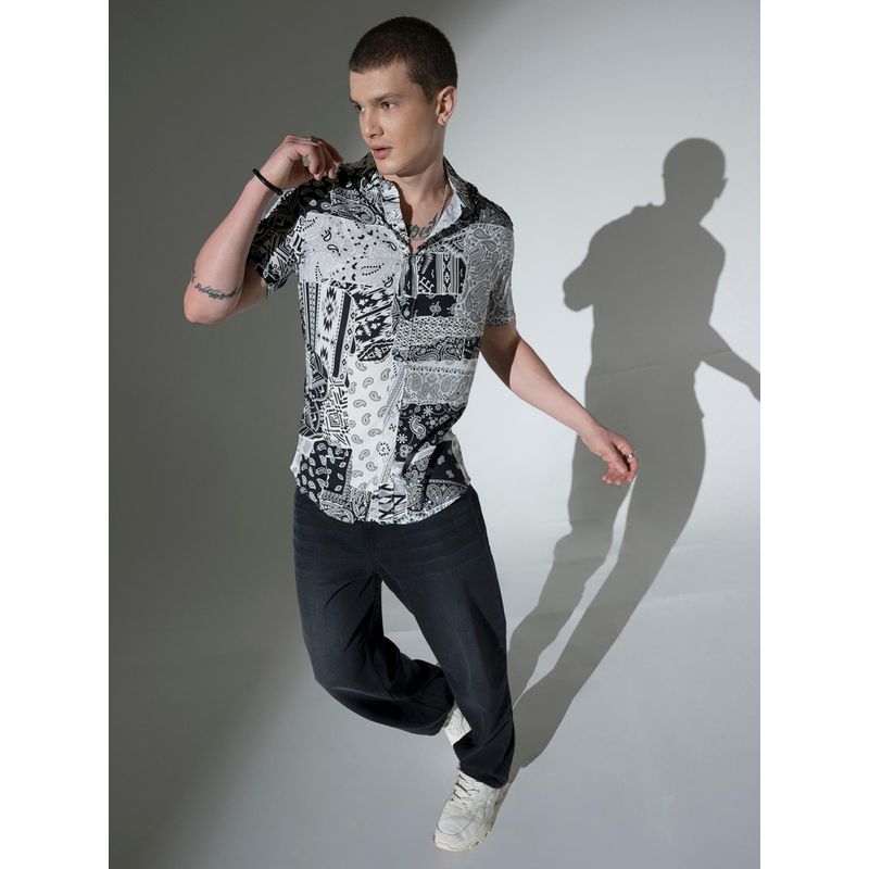 Hubberholme Men Viscose Rayon Collar Neck Short Sleeves Printed Oversized Casual Black Shirt (38)