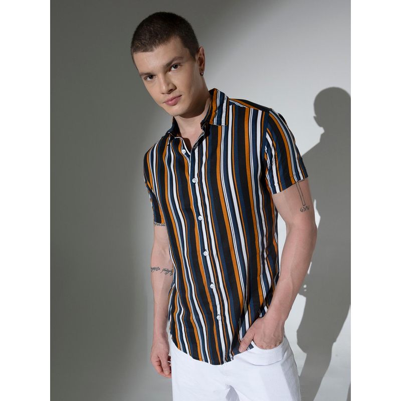 Hubberholme Men Viscose Rayon Collar Neck Short Sleeves Striped Oversized Casual Shirt (40)