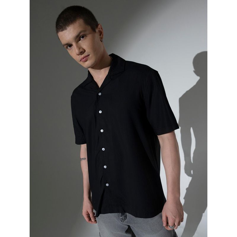 Hubberholme Men Viscose Rayon Cuban Collar Short Sleeves Solid Oversized Casual Black Shirt (42)