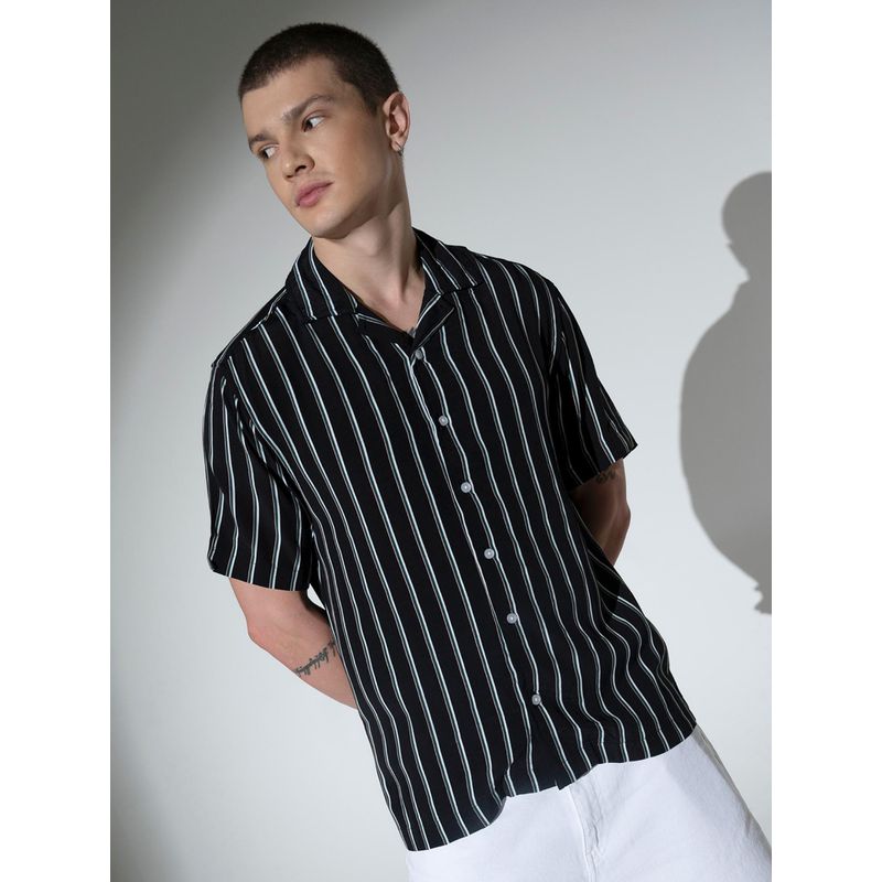 Hubberholme Men Viscose Rayon Cuban Collar Short Sleeves Striped Oversized Casual Black Shirt (42)
