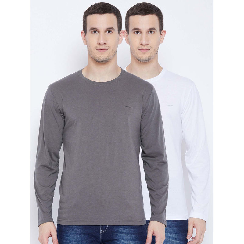 Okane Mens White M.Grey Polyester Cotton Solid Round Neck T-Shirt (Pack of 2)