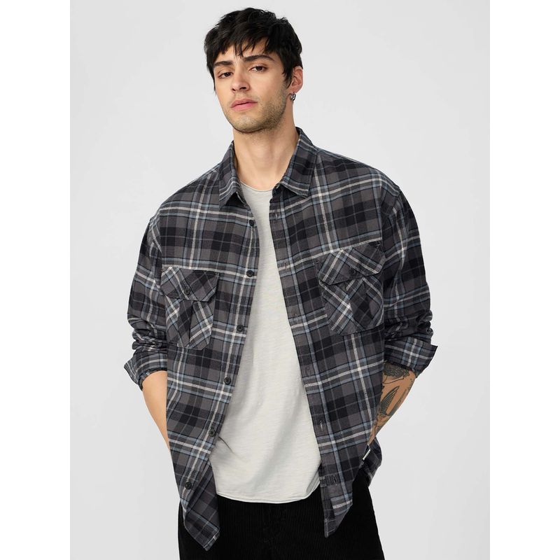 The Souled Store Men Grey Checks Oversized Shirt (M)