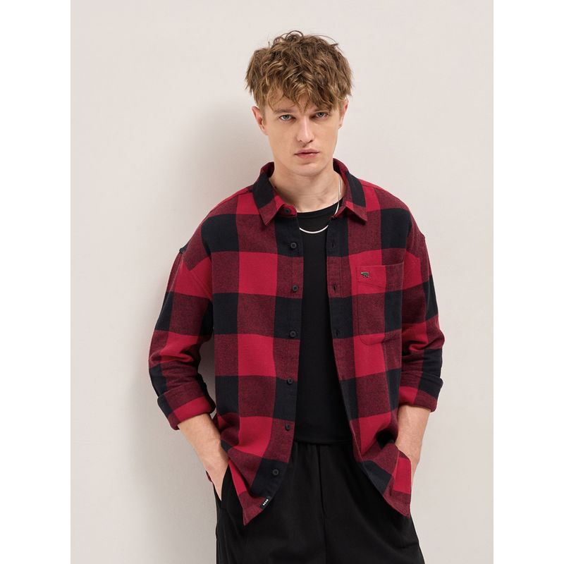 THE BEAR HOUSE Men Red Slim Fit Cotton Checks Casual Shirt (L)