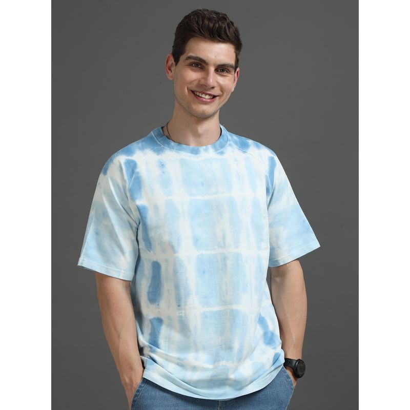 SILISOUL Men Blue Oversized Tie and Dye Knitted Pure Cotton T-Shirt (M)
