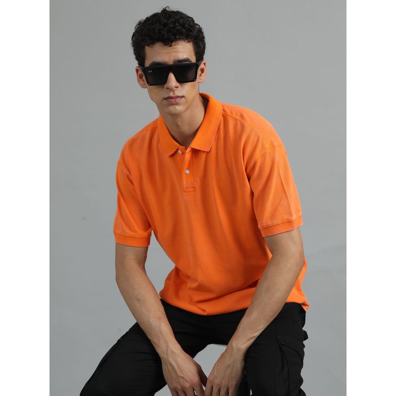 SILISOUL Men Orange Oversized Textured Knitted Pure Cotton Polo T-Shirt (M)