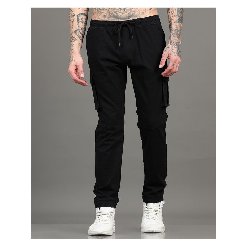 SILISOUL Men Black Regular Fit Solid Cotton Cargo Pant (34)