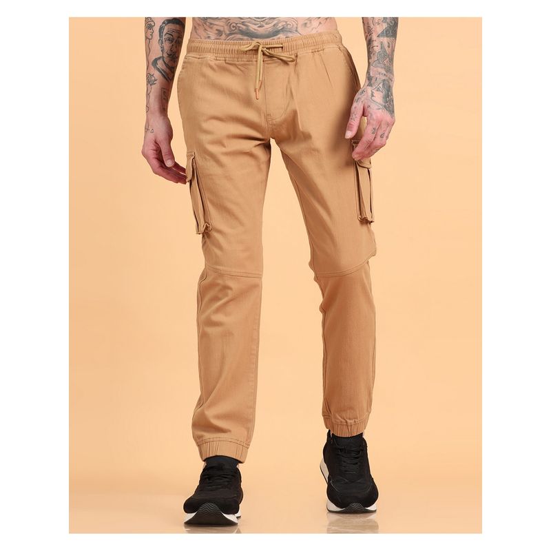 SILISOUL Men Khaki Regular Fit Solid Cotton Cargo Pant (32)