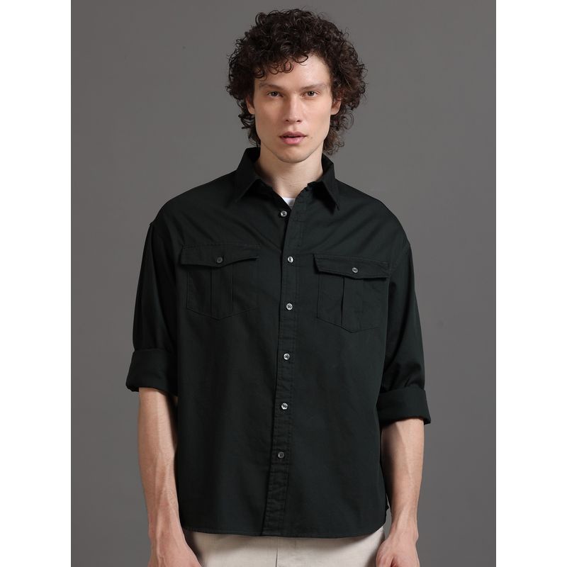 SILISOUL Men Olive Relaxed Fit Solid Cotton Shirt (38)