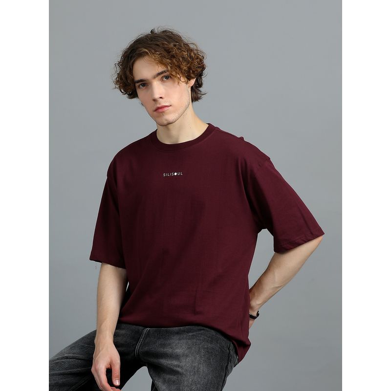 SILISOUL Men Maroon Oversized Typographic Knitted Cotton T-Shirt (L)
