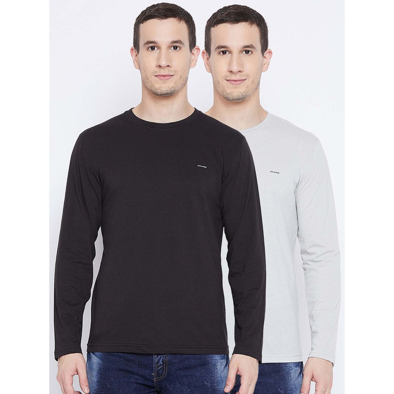 Okane Mens Black L.Grey Polyester Cotton Solid Round Neck T-Shirt (Pack of 2)