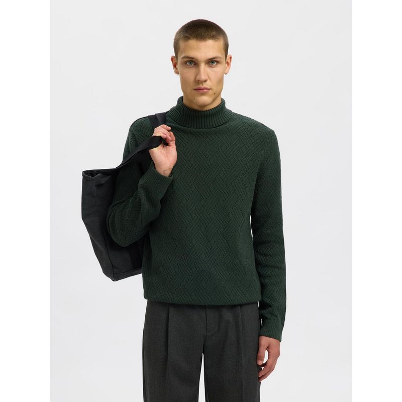 SELECTED HOMME Organic Cotton Structured Turtle Neck Green Sweater (XS)