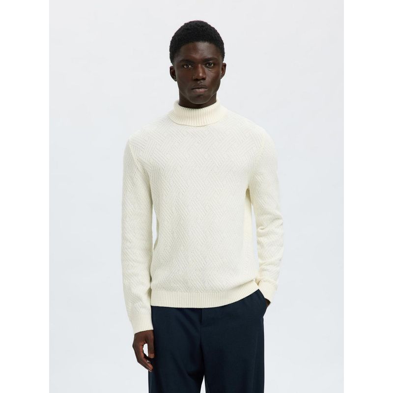 SELECTED HOMME Organic Cotton Structured Turtle Neck Off White Sweater (XS)