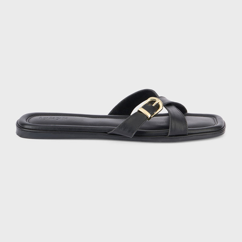 IYKYK by Nykaa Fashion Black Solid Buckle Detail Cross Strap Square Toe Flats (EURO 36)