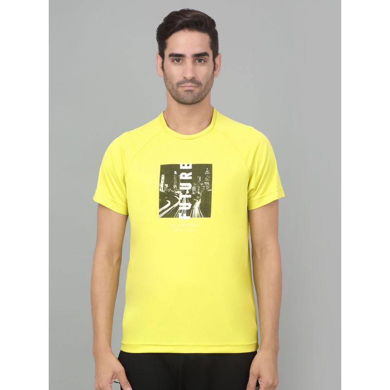 Cantabil Men Yellow Graphic Half Sleeve Stretchable Activewear T-shirt (M)