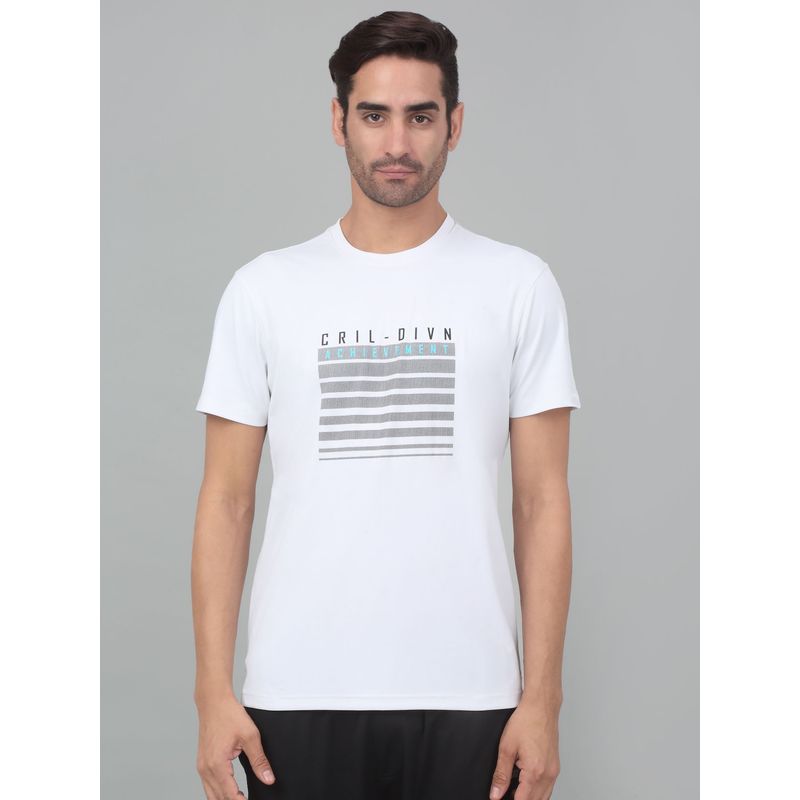 Cantabil Men White Printed Half Sleeve Stretchable Activewear T-shirt (L)