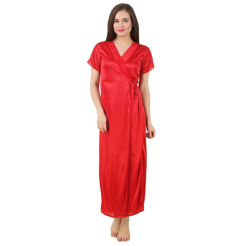 Fasense Women Satin Nightwear Sleepwear Solid Long Robe SR060 - Red (M)