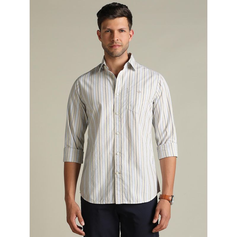 Dockers Men Striped Beige Classic Fit Shirt (2XL)