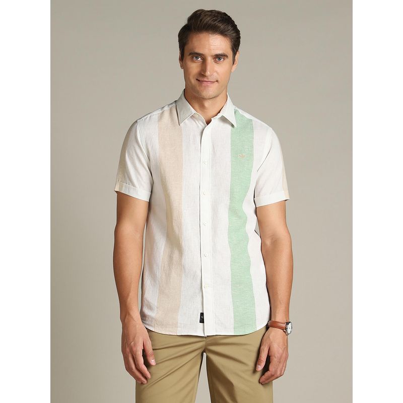 Dockers Men Striped Beige Classic Fit Shirt (2XL)