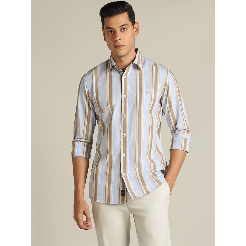 Dockers Men Striped Beige Classic Fit Shirt (S)