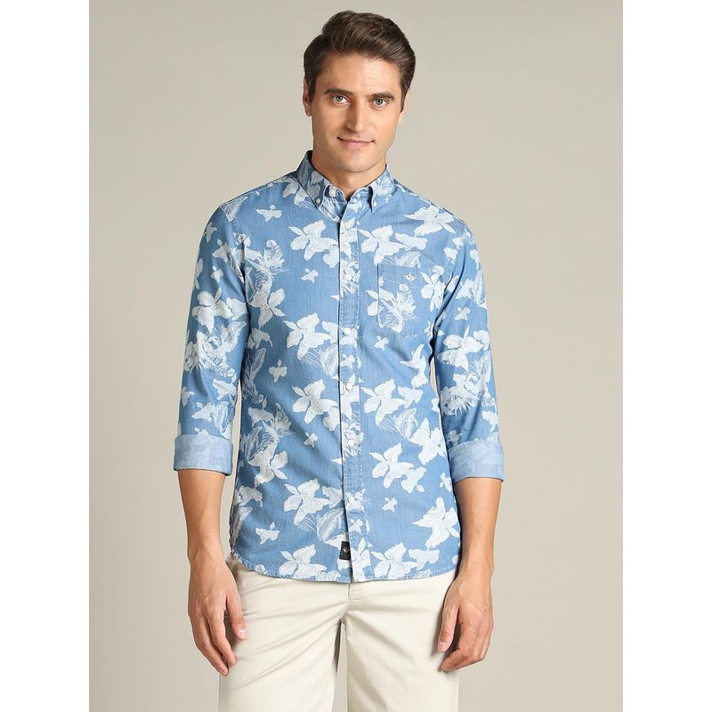 Dockers Men Printed Blue Classic Fit Shirt (S)
