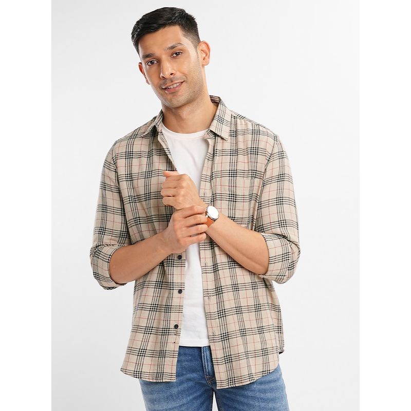 Bombay High Mens Comfort Fit Pure Cotton Beige Check Shirt (XL)