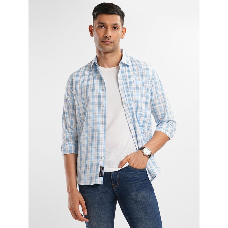 Bombay High Mens Comfort Fit Pure Cotton Light Blue Check Shirt (M)