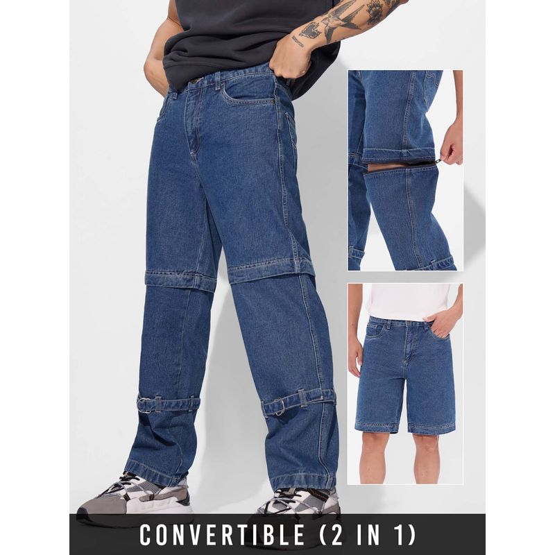 The Souled Store Denim Steel Blue Baggy Fit Mens Convertible Jeans into Shorts (30)