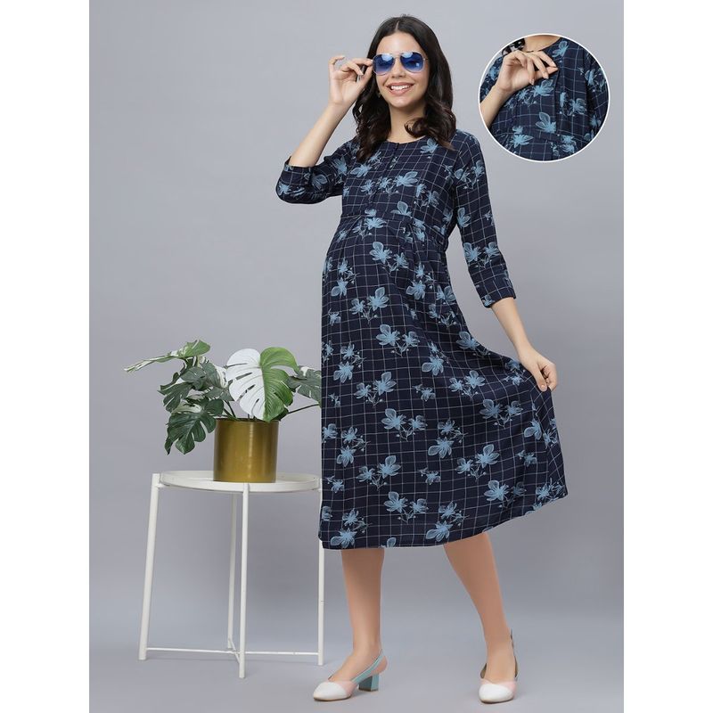 Navy Blue Rayon Round Neck Checks Printed Maternity/Feeding Short Dress (M)